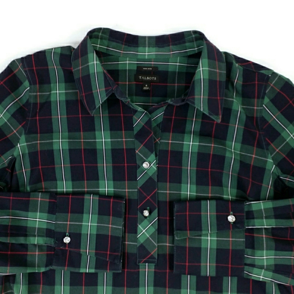 Talbots Blue Green Tartan Plaid Long Sleeve Popover Tunic Blouse Womens 6 - Picture 5 of 13